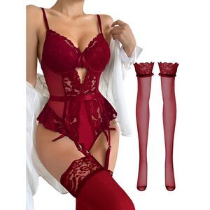 1944 Plus Size Curvy Sexy Stocking Lace Mesh Bodysuit Top Underwire Garter